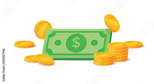 Stylized illustration of money coins and a dollar bill