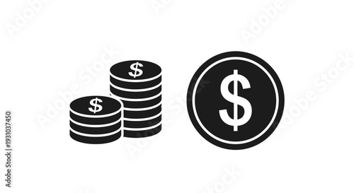 Black and white illustration of stacked coins and a single coin