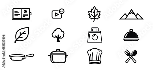 A set of black and white icons featuring a chef cookware and silhouette images of nature and mountains