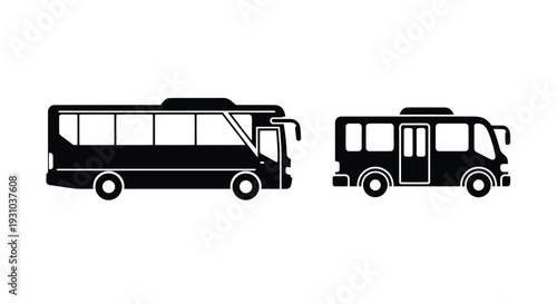 Two black silhouettes of public transportation vehicles a bus and a minibus