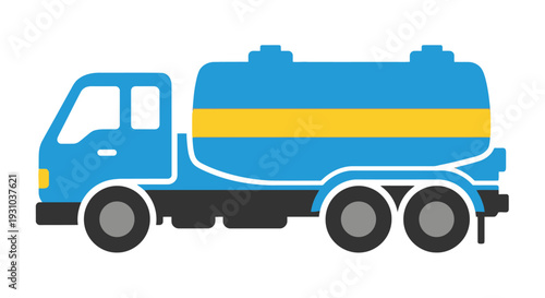 Stylized illustration of a blue and yellow tanker truck on black wheels