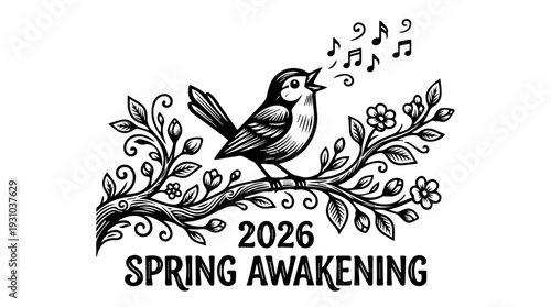 Singing bird on flowering branch spring awakening 2026 text vector engraving style isolated on white background for seasonal poster branding and greeting card design