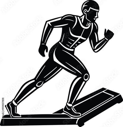 Dynamic fitness illustration of person running on treadmill exercise machine, black and white gym workout concept, health training flat vector