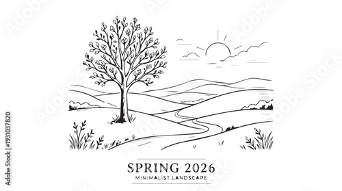 Minimalist spring landscape with lone tree rolling hills and sun spring 2026 text vector engraving style isolated on white background for seasonal poster branding and greeting card design