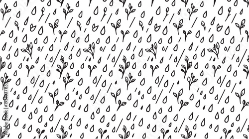 Seamless spring rain pattern with raindrops and sprouting leaves vector engraving style isolated on white background for wallpaper textile wrapping paper and surface design