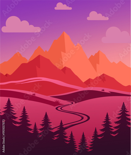 A serene flat vector illustration of majestic mountain peaks