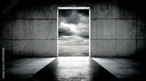 Stark concrete room opens onto an expanse of dark water under heavy clouds
