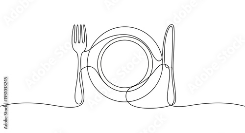Minimalist single line drawing of a plate with fork and knife, elegant dining setup