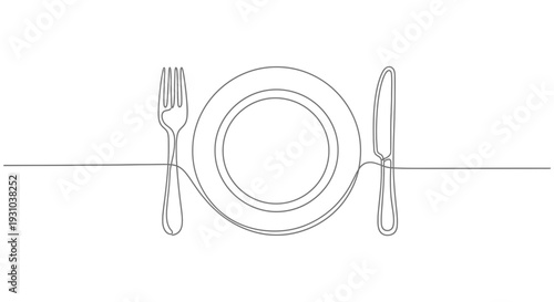 Minimalist single line drawing of a plate with fork and knife, elegant dining setting