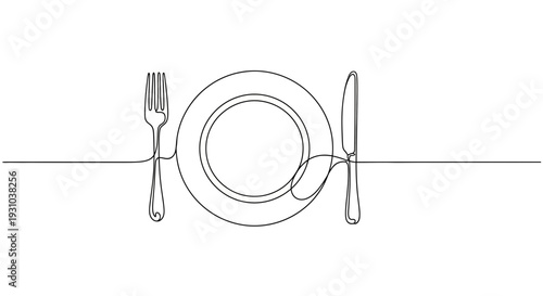 Minimalist single line drawing of a plate with fork and knife, representing dining and food.