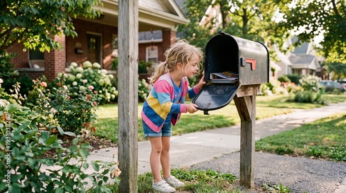 Little girl opening residential mailbox checking for mail