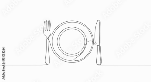 Minimalist single line drawing of a plate with fork and knife, representing dining and food.