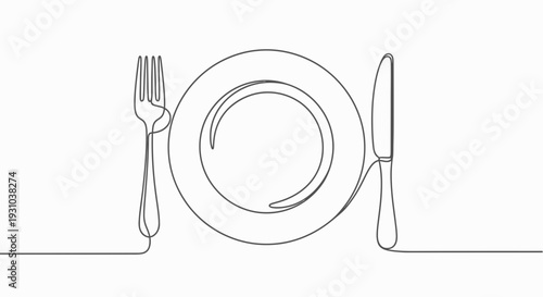 Minimalist single line drawing of a plate with fork and knife, representing dining and food.