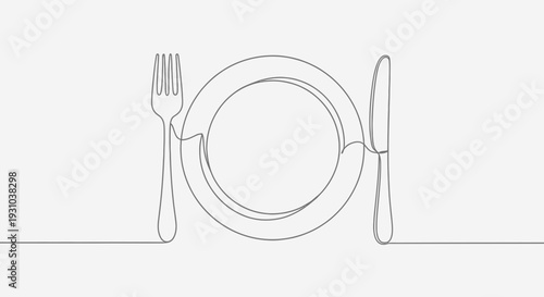Minimalist single line drawing of a plate, fork and knife on a white background
