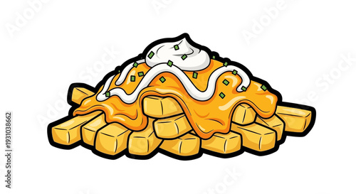 Cartoon cheese fries with sauce.