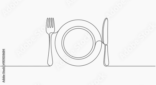 Minimalist continuous line drawing of a plate with fork and knife, representing dining and food.
