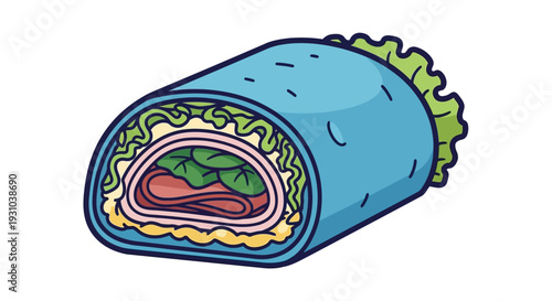 Delicious burrito with lettuce and meat.