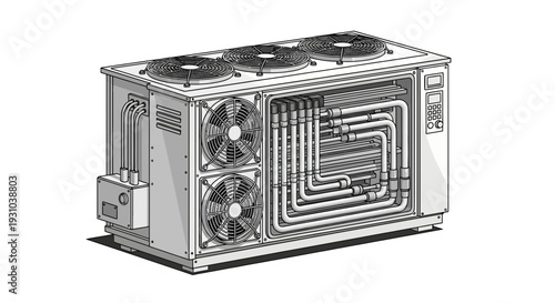 Industrial HVAC unit with fans and pipes, schematic view, white background