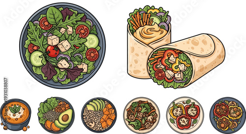 Variety of Wraps and Salads Displayed.