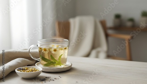 Cup of Herbal Tea with Chamomile and Green Leaves, Relaxation and Wellness Concept, Cosy Minimal Style with Copy Space