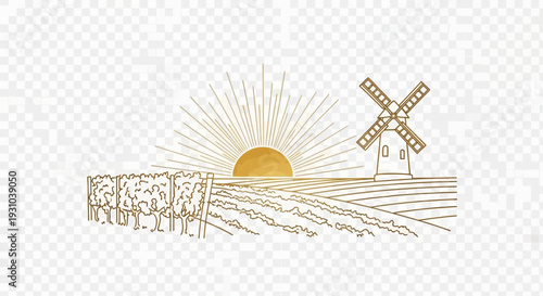 Golden Sunrise Over Vineyard and Windmill Landscape - Vintage Line Art