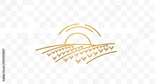 Golden sunrise over a lush green field, minimalist line art, agricultural landscape, organic farming concept