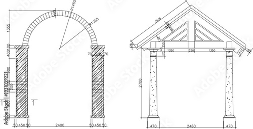 Vector sketch illustration silhouette design architectural details construction pergola gate terrace house with interior and scale size classic vintage traditional
