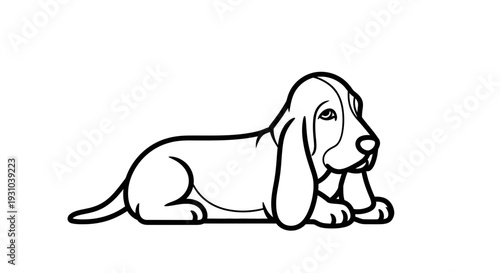 Cute Basset Hound Puppy Lying Down, Black and White Line Art Illustration