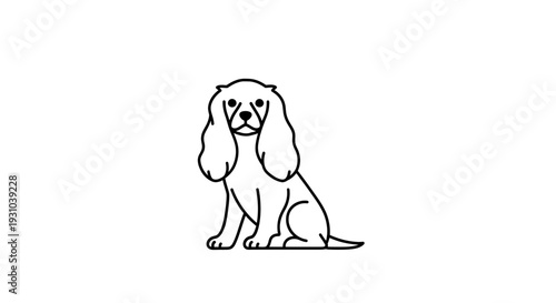 Cute Cavalier King Charles Spaniel Dog Sitting, Simple Line Art Illustration