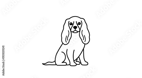 Cute Cavalier King Charles Spaniel Dog Sitting, Simple Line Art Illustration, White Background