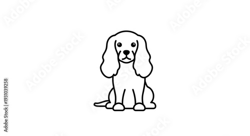 Cute Cocker Spaniel Dog Sitting, Simple Line Art Illustration, White Background