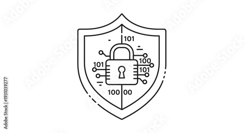 Cyber Security Shield Icon with Padlock and Binary Code - Digital Data Protection Concept