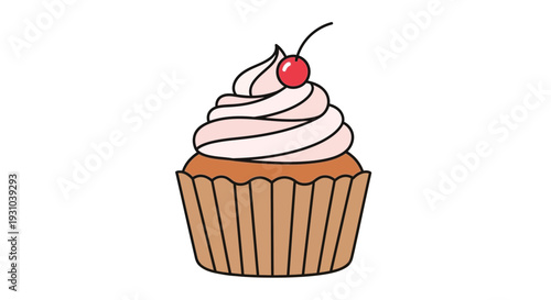 Delicious Pink Frosted Cupcake with Cherry on Top, Isolated on White Background