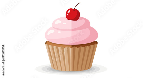 Delicious Pink Frosted Cupcake with Cherry on Top, Isolated on White Background