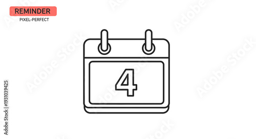 Calendar Icon with Number 4, Reminder, Planning, Date, Important Event