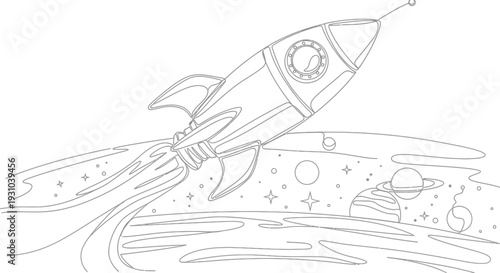 Cartoon rocket ship blasting off into outer space with planets and stars