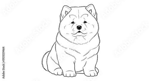 Chow Chow Dog Puppy Line Art Drawing, Cute Fluffy Pet Sitting, Black and White Sketch