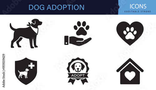 Dog Adoption and Pet Care Icon Set Black and White Animal Rescue Love Vector Collection