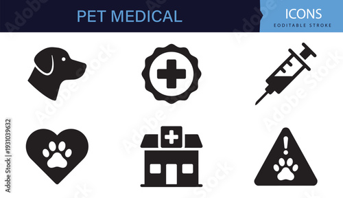 Veterinary and Pet Medical Icon Set Black and White Animal Clinic Care Vector Collection