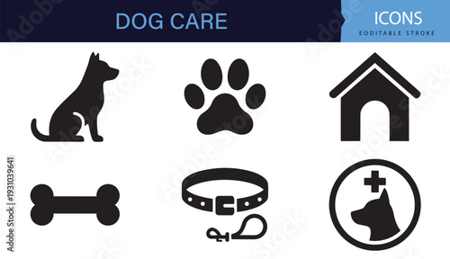 Dog Care Icon Set Black and White Paw Collar Bone Veterinary Pet Vector Collection