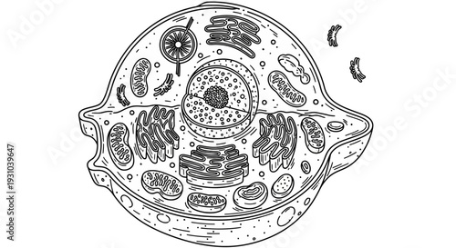 Animal Cell Diagram: Detailed illustration of organelles within a eukaryotic cell, black and white.