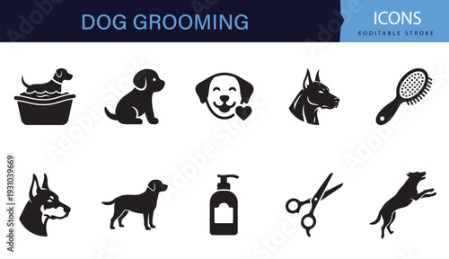 Dog Grooming and Pet Care Icon Set Black and White Puppy Bath Brush Scissors Vector Collection