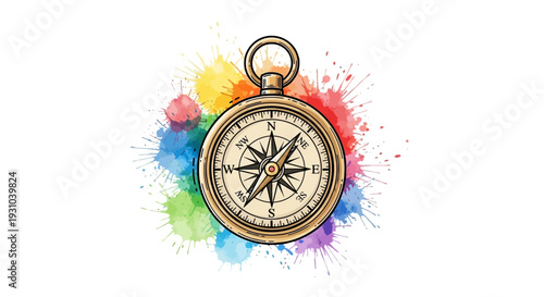 Vintage Compass with Colorful Watercolor Splashes - Navigation, Adventure, and Creativity Concept