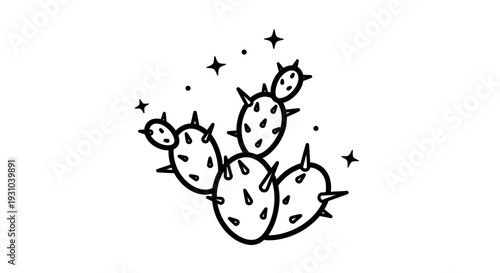 Whimsical Prickly Pear Cactus with Stars - Hand-Drawn Outline Illustration