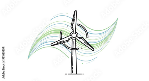Wind turbine generating clean energy with green and blue wind flow lines