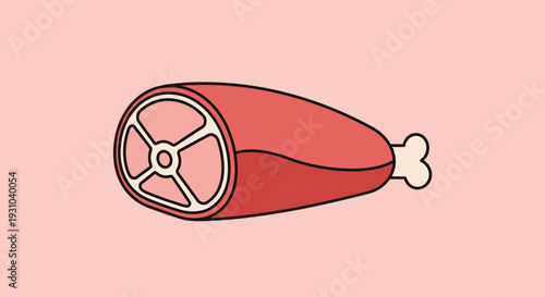 Raw Ham Hock Cut with Bone, Stylized Flat Illustration on Pink Background