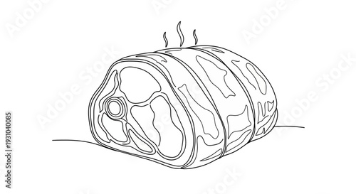 Raw Meat Roast with Bone, Tied and Steaming, Line Art Illustration