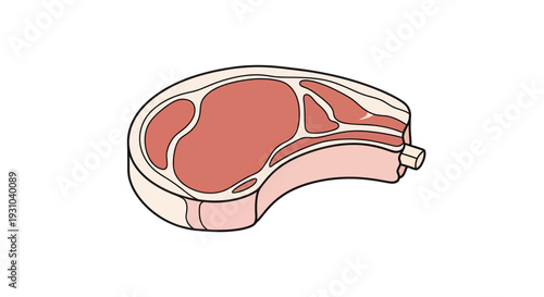 Raw Pork Chop Bone-In Cut, Marbling Fat, Isolated on White Background, Top View
