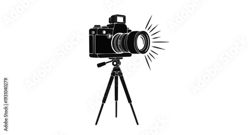 Black and White Silhouette Vector Icon of a Professional Camera on Tripod with Flash Flare. Flat Graphic Photography Illustration.