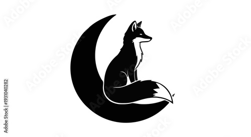 Sleek Black Fox Silhouette on Crescent Moon Vector Icon. Minimalist graphic design with clean bold lines and a white background.